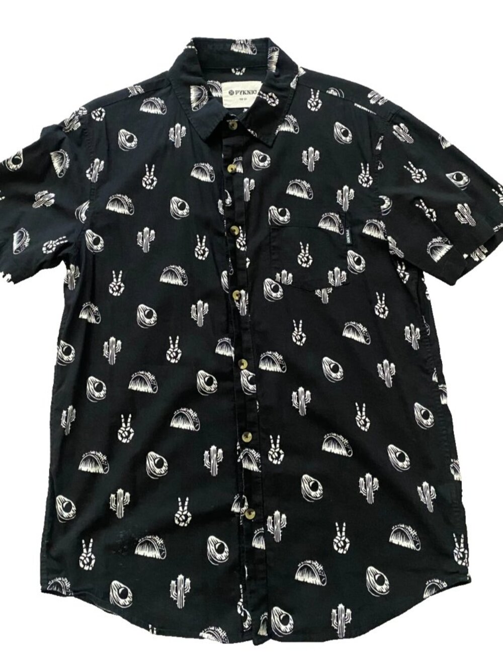 Pyknic No Problemo Mens Button Down Shirt Medium M Black Graphic Taco Tuesday